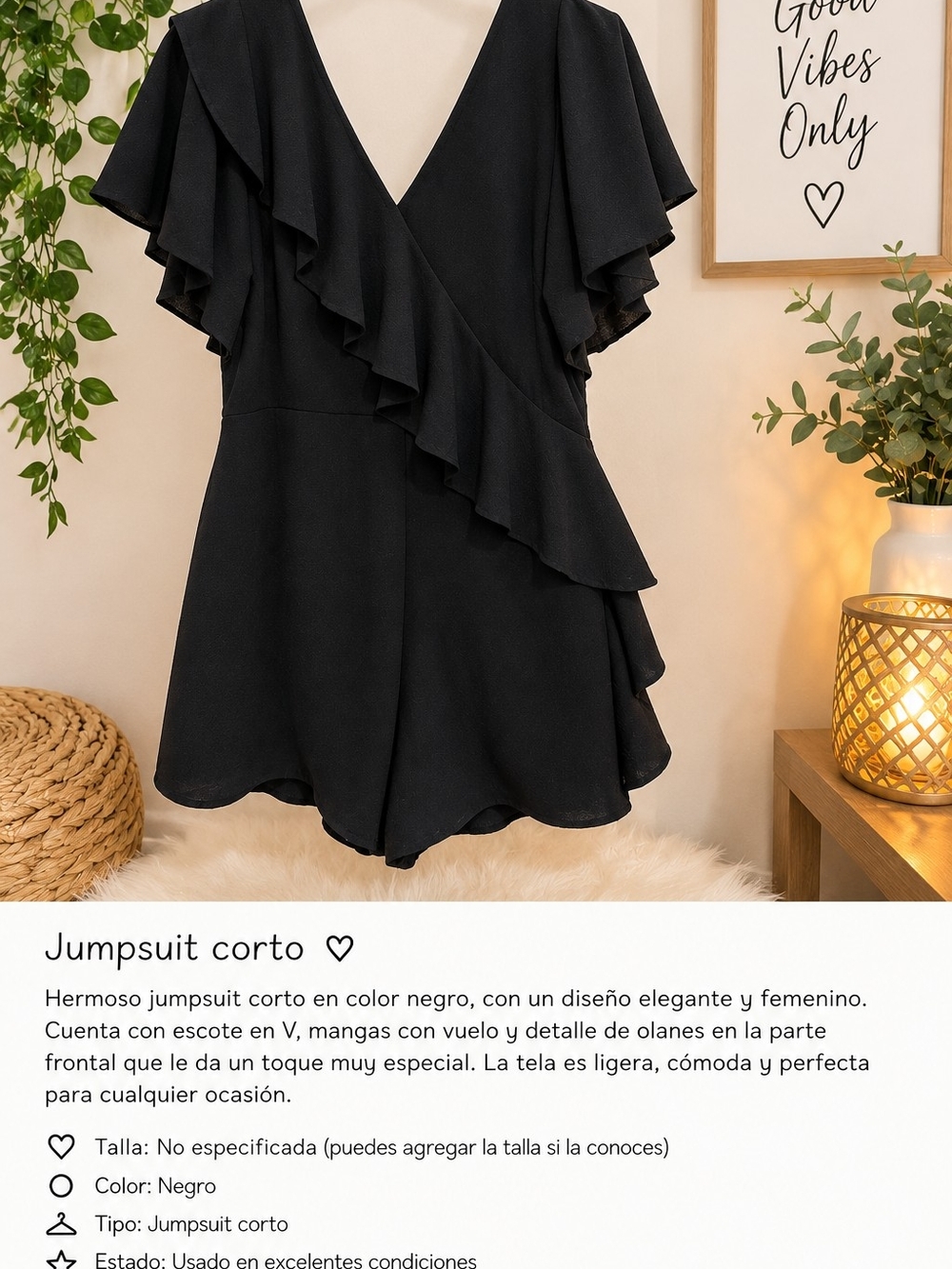Black Ruffle V-Neck Short Jumpsuit
